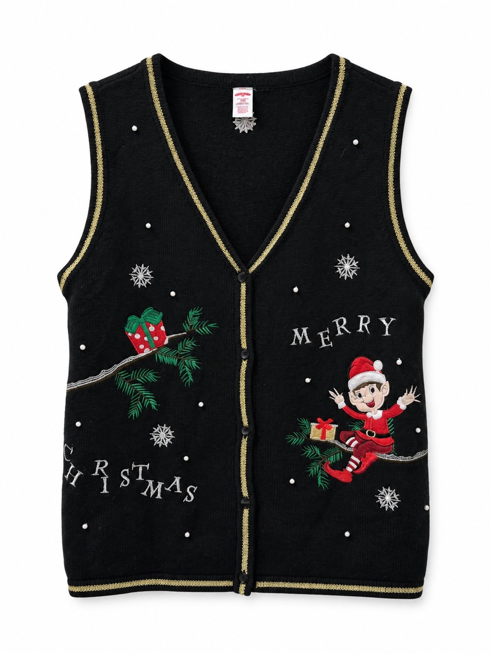 Holiday Time Ugly Christmas Sweater Vest Elf Embroidered Black XXL 20